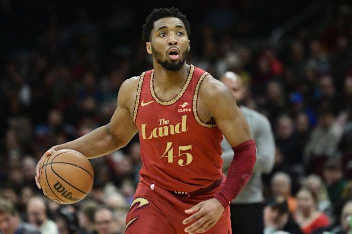 Feb 12, 2024; Cleveland, Ohio, USA; Cleveland Cavaliers guard Donovan Mitchell (45) brings the ball up court during the second half against the Philadelphia 76ers at Rocket Mortgage FieldHouse. Mandatory Credit: Ken Blaze-USA TODAY Sports